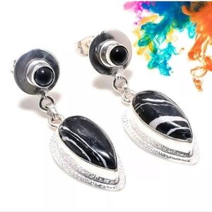 New Black Onyx & Zebra Jasper Silver Earrings.